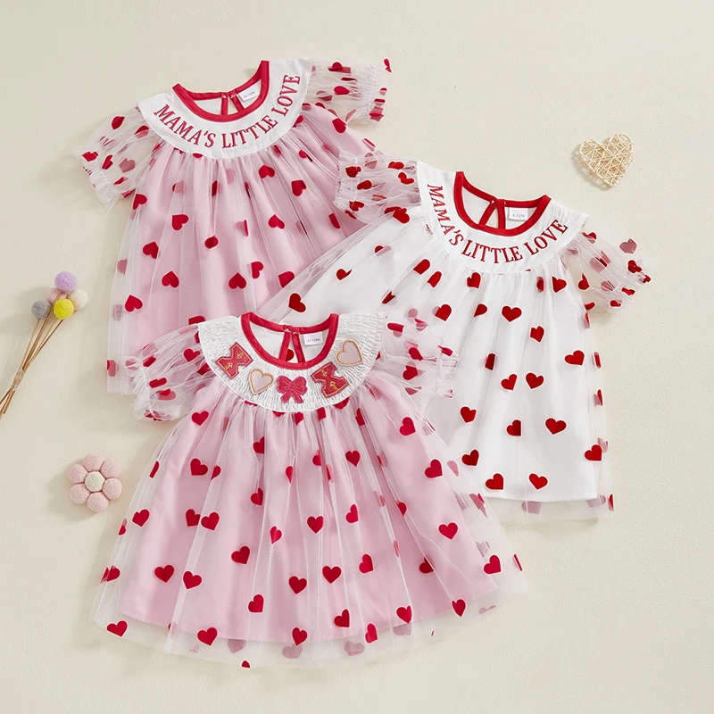 Toddler Girls Valentine's Day Dress Heart Print Layered Mesh Short Sleeve Casual Dress Kids Princess Dress 3M-3Years