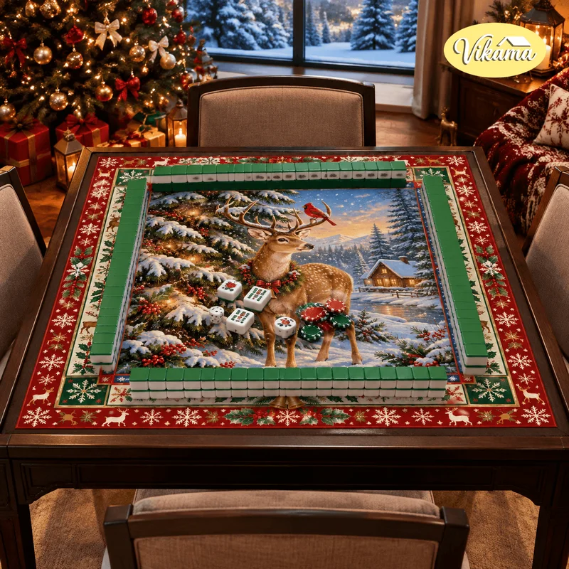 VIKAMA Christmas Mahjong Table Mat, Wreath, Reindeer, and Cardinal Winter Snow Forest Pattern Game Mat, Home Decor