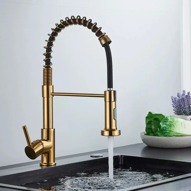Brushed Gold Kitchen Sink Faucet One Handle Spring Hot and Cold Water Tap Deck Mounted Bathroom Kitchen Crane