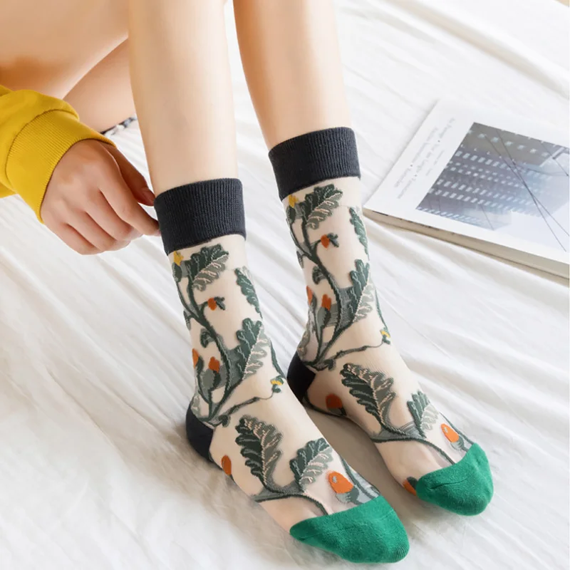 

Ultra-thin Transparent Crystal Silk Socks New Floral Print Sweet Cute Japanese Summer Sock Women Mid-tube Elastic Mid-tube Socks