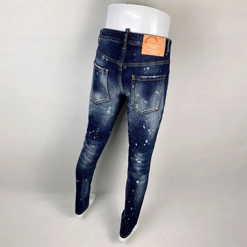 High Street Jeans Pria melar Slim Fit Vintage Jeans robek pria dilukis desainer Hip Hop celana merek Hombre