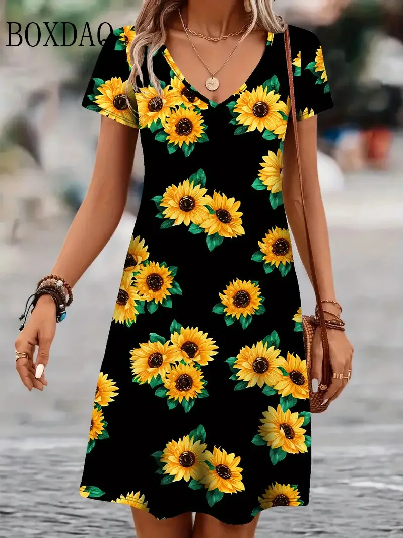 Vintage Boho Floral Print Women Dress 2025 Summer Casual V Neck Short Sleeve A Line Midi Dresses Beach Vacation Sundress Vestido