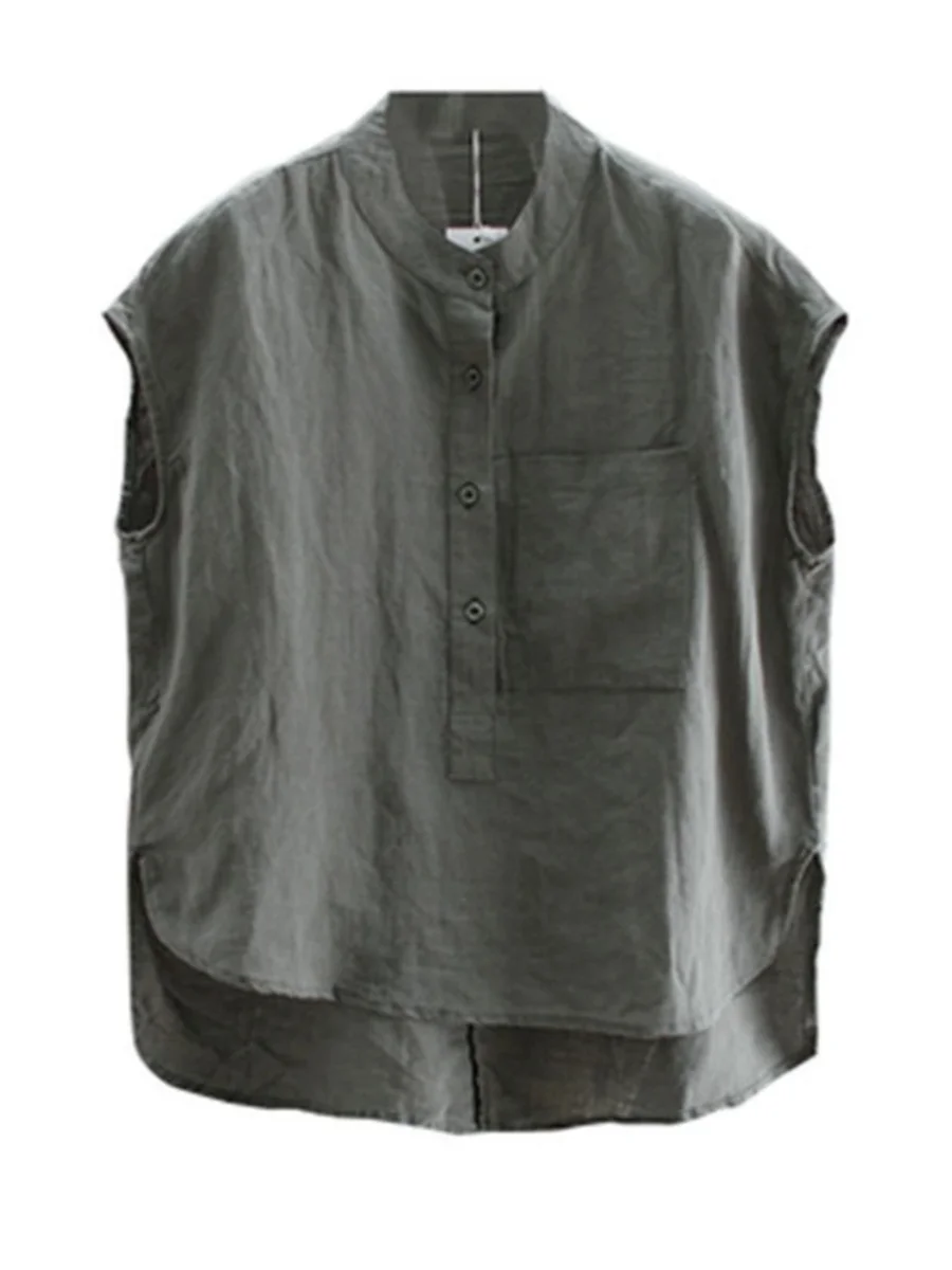 Chaleco Holgado de Lino y Algodón para Mujer, Estilo Coreano, Cuello Alto, Nuevo para Verano, Informal, para el Trabajo