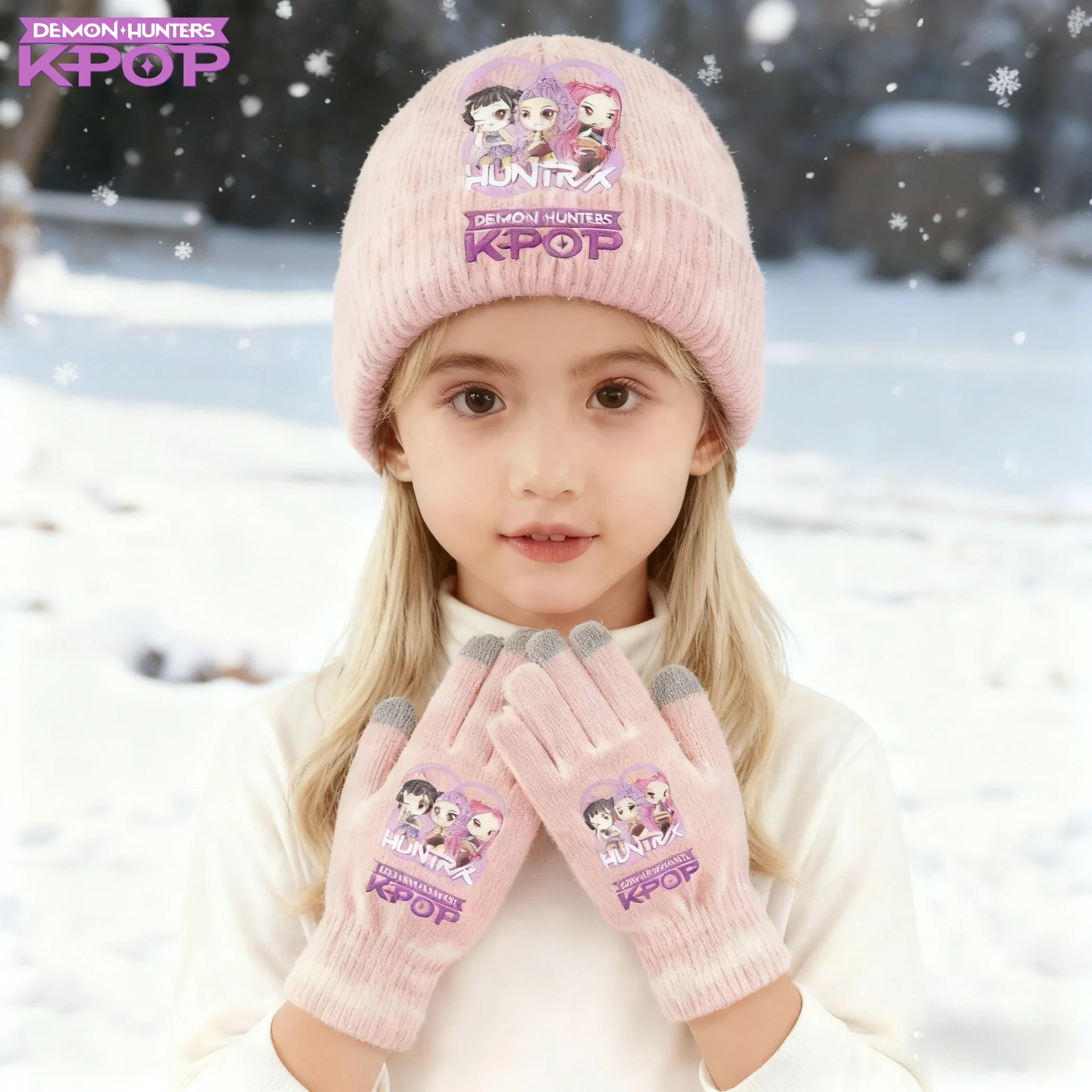 2 Pcs Kpop Demon Hunters Gloves Knitted Hat Suit for Girls Letter Printed Knit Hats Mittens Set Children Winter Warm Accessories