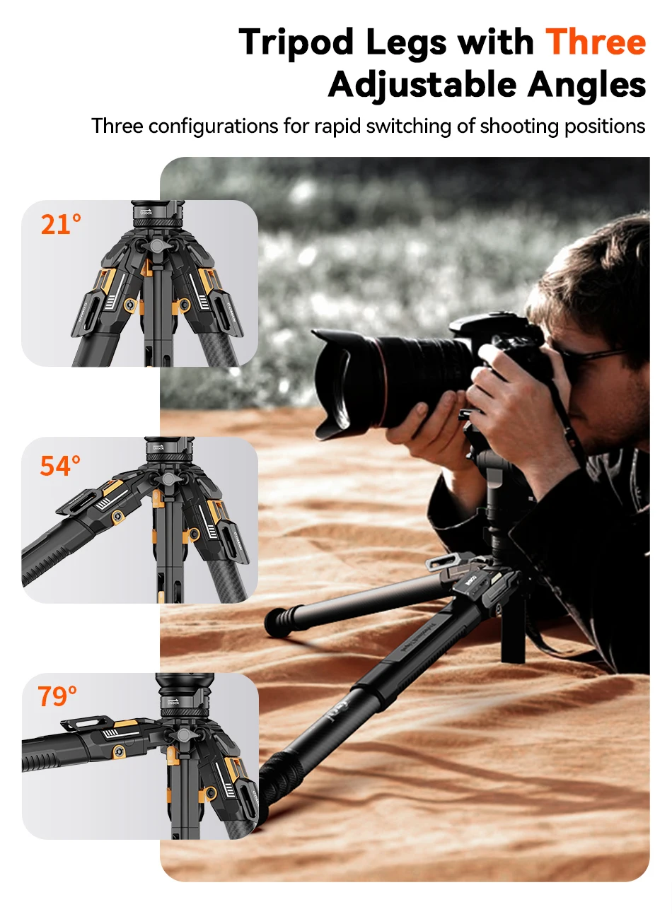 COMAN T1 T1S V5 Reise-Karbonfaser-Stativ mit Ein-Klick-Schnellverschluss und Panorama-Gimbal-Videokopf für DSLR-Kamera Manfrotto DJ – Detail 6