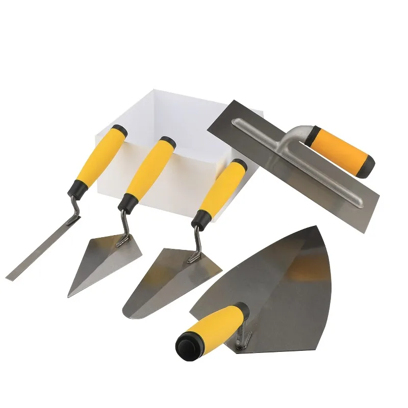 A set of 5 bricklaying trowels, jointing trowels, and edge trowels made of carbon steel and wooden handles by stonemasons