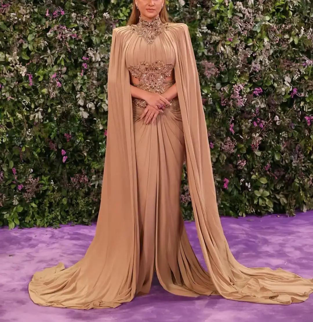 

Ofherown Khaki High Neck Cape Evening Dress Luxury Beaded Cutout Prom Gown Arabic Red Carpet Party Couture Dress Customized