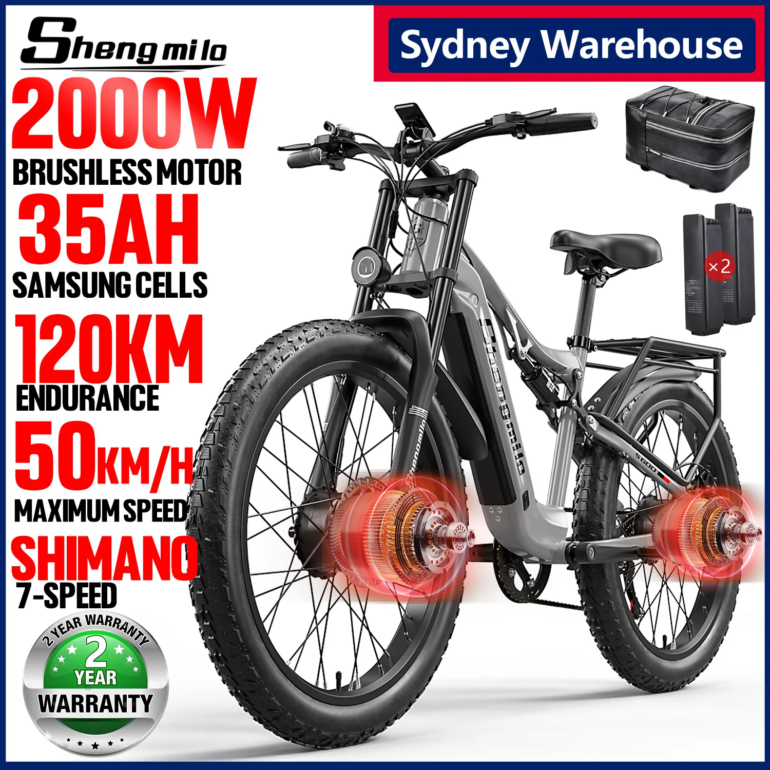 [Australia Warehouse] Shengmilo S600 26 inches adult electric mountain bike, 2000W dual motor ebike 7-speed electric bicycle