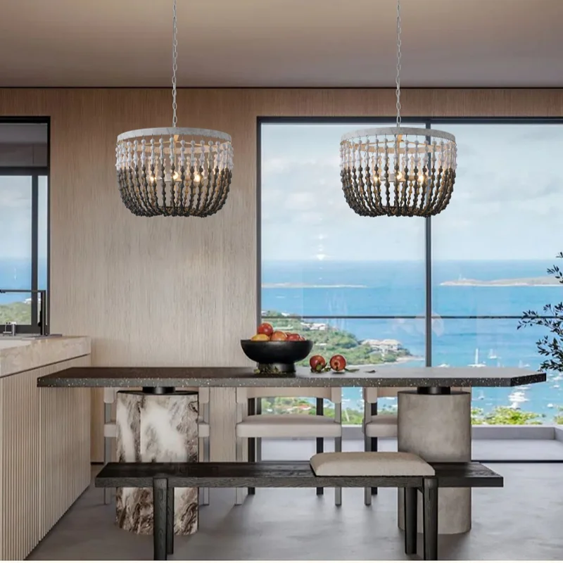 Europejska Retro Luksusowa Amerykańska Lampa Wisząca do Restauracji Hotelowej Mały Drewniany Żyrandol z Koralików z Oprawką E12 do Salonu