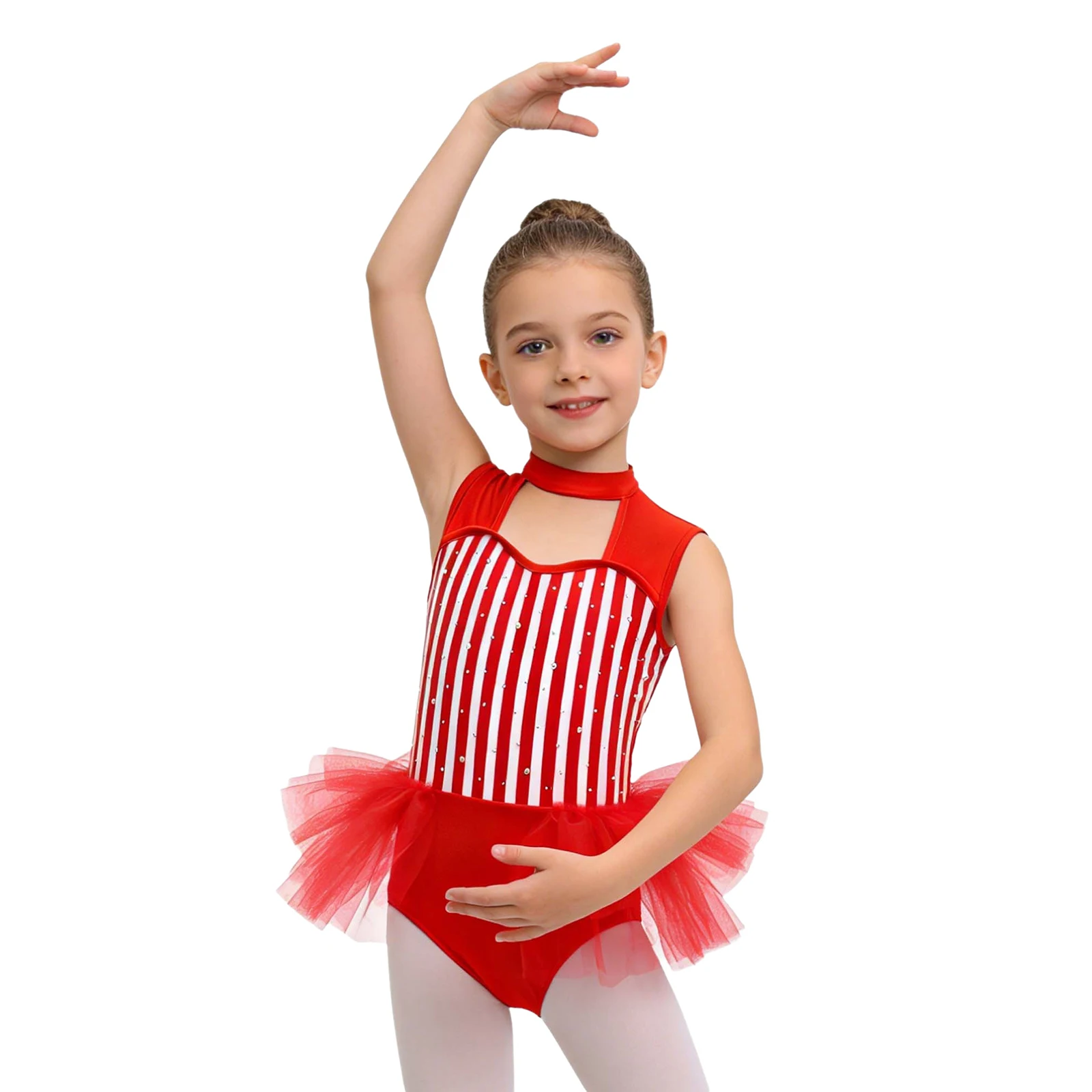 Kids Girls Latin Jazz Dance Performance Clothes Circus Leotard Costume Sequins Trim Striped Leotard Tulle Skirted Bodysuit Dress