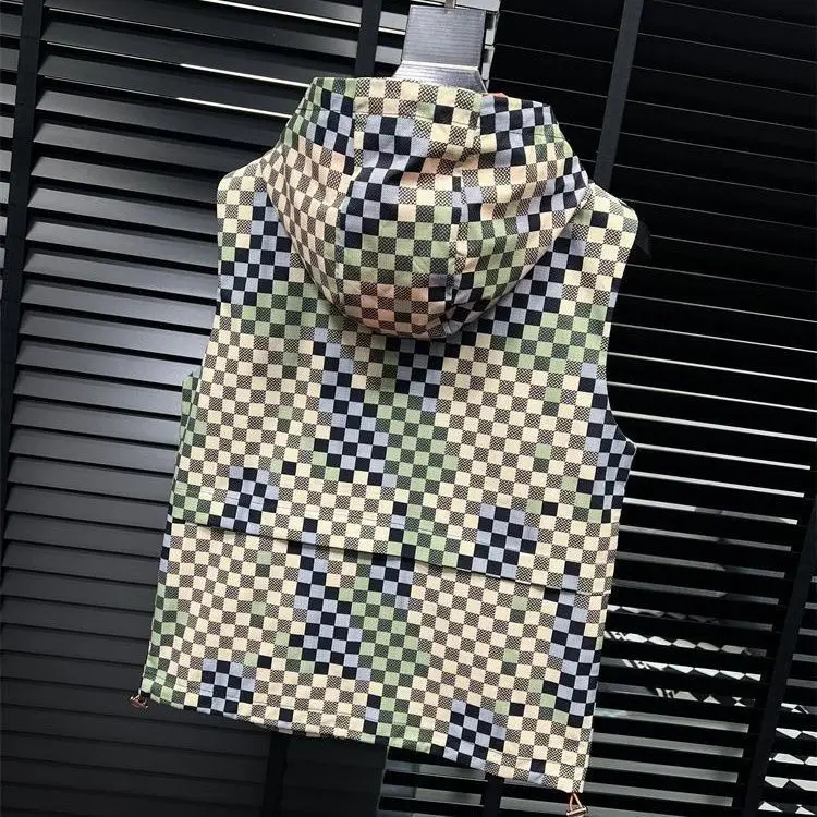 2025 spring and autumn new trendy brand hooded fashion handsome camouflage plaid vest