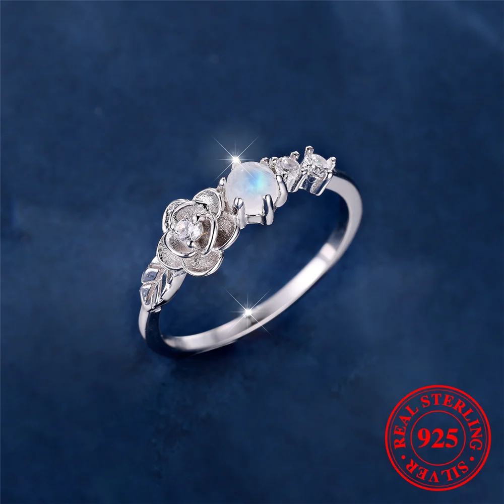 Cute Female Small Round Nature Moon Stone Flower Ring Vintage Real 925 Sterling Silver Wedding Jewelry For Women