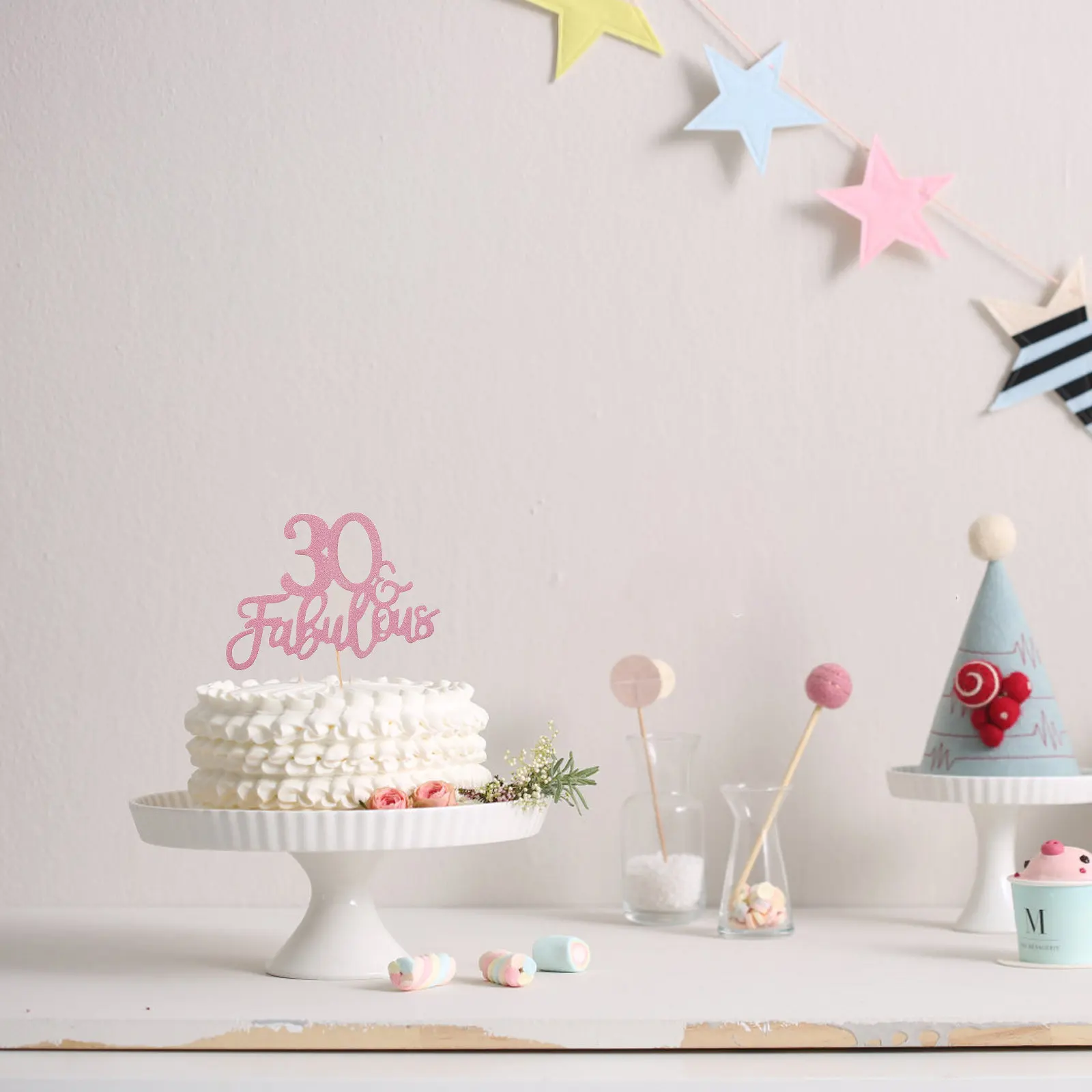 Juego de 3 Adornos de Pastel de Lujo en Oro Rosa con Brillantina para Fiesta de 30 Cumpleaños, Decoración para Cupcakes, Galletas, Donuts y Centro de Mesa