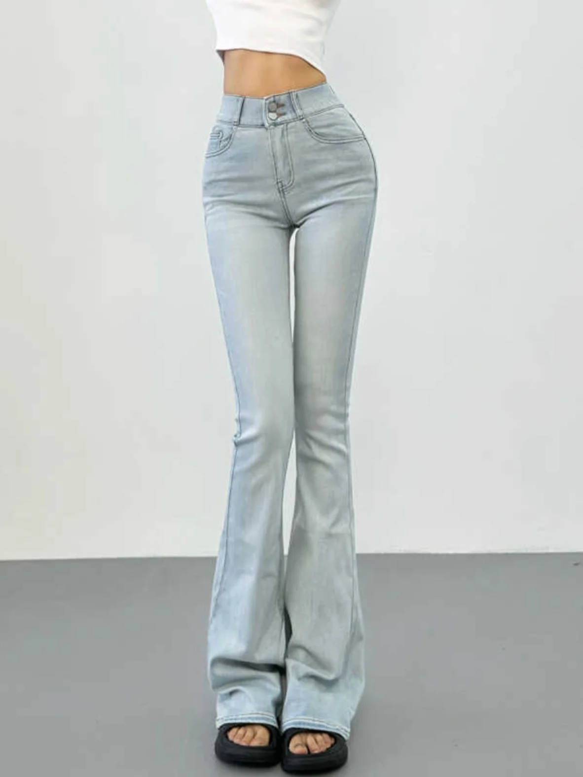 

Flared Women Micro Jeans 2024 Summer New High Waist Slim Pure Desire Double Button Lift Buttocks Solid Long Pants 8VF6