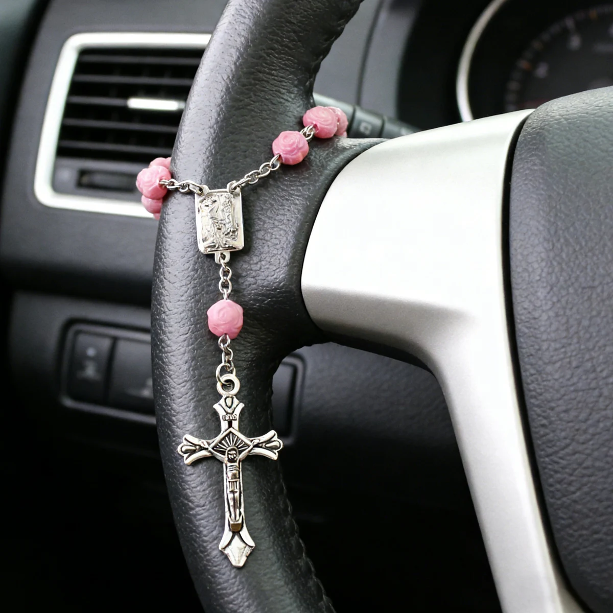 Lightweight Christian car pendant with rose cross design