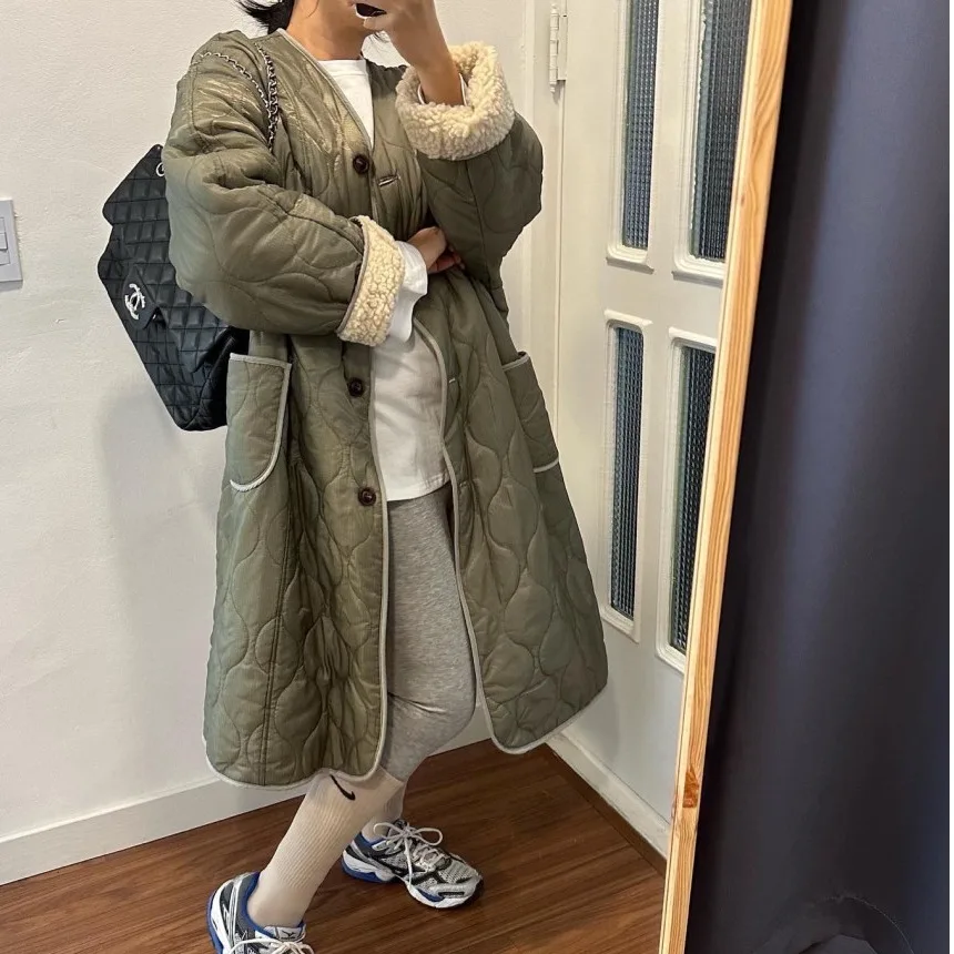 

Женское шикарное хлопковое пальто-джат с отделкой из овечьего меха, свободная посадка средней длины на пуговицах, зимняя верхняя одежда в стиле ретро