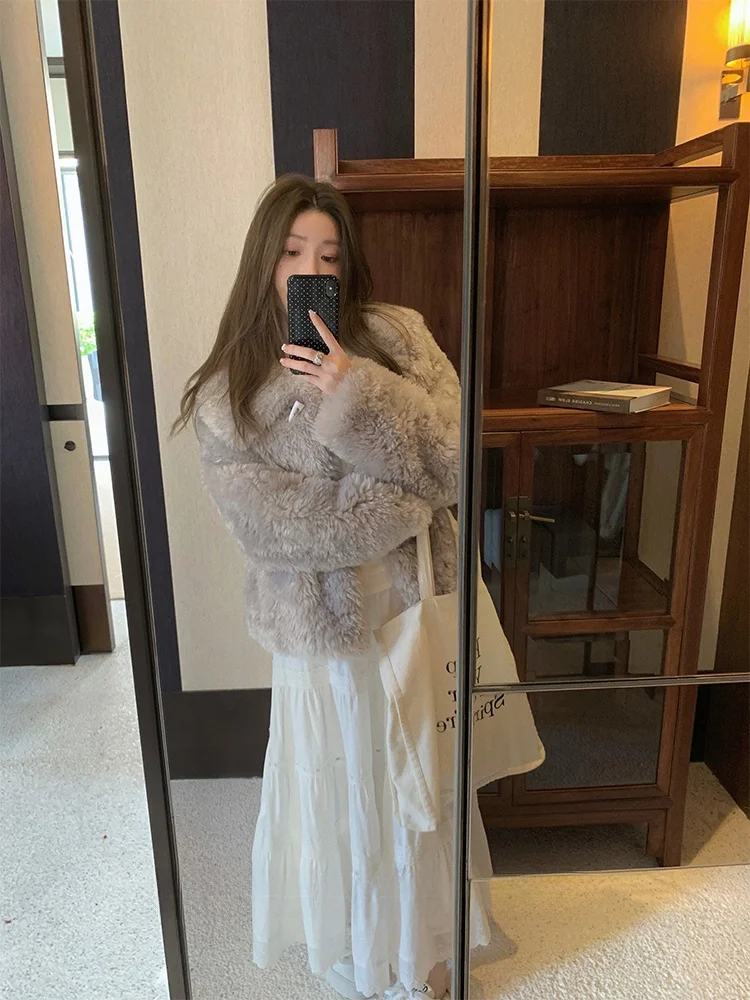 Kobe Girl Anti-Aging-Jacke mit lockerem Kragen und Knöpfen aus Kunstfell im koreanischen Stil, umweltfreundlich