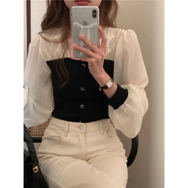 Spring Autumn New Women\'s 2024 Color Block Square Collar Button Spliced Long Sleeve Fashion Simplicity Sweet Slim Shirt Tops