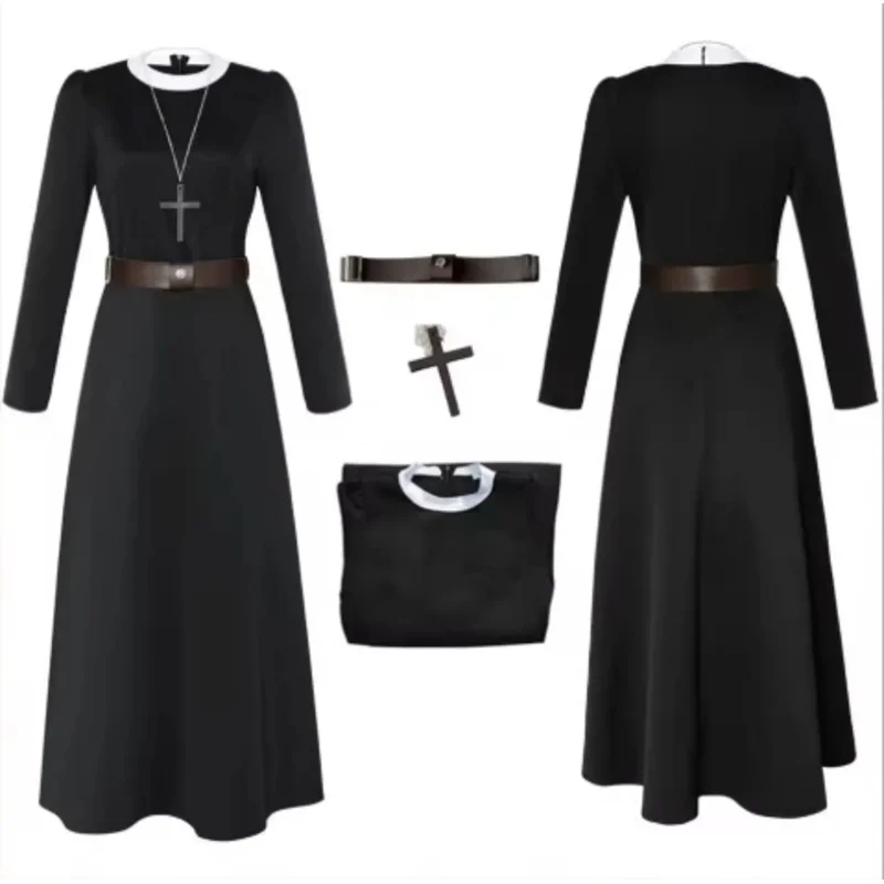 

Halloween cosplay costume movie conjuning 2 nun costume, deadnun cosplay women black dress cross necklace belt party suits
