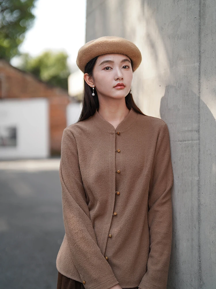 

Original Design Autumn Winter New Arrival Fce like Combed Cotton Blend Knitted irt Warm Long Sve Button up Stand Collar