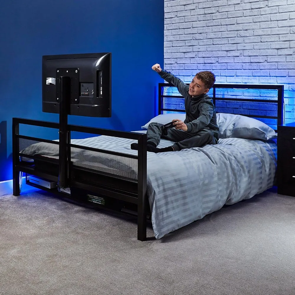 Full Size Gaming Bed, Rotating TV Mount with Vented Console Storage, Metal Mesh Frame with Slats, Amazon Exclusive