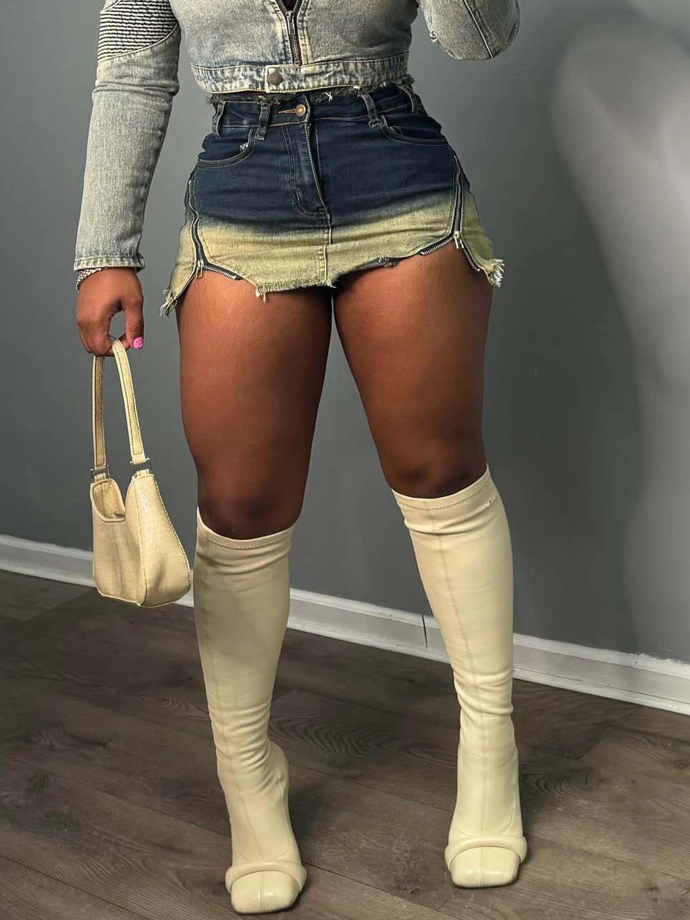 

Weird Puss Gradient Denim Skirts Women Y2K Irregular Zip Hipster Hottie Wild Basic Streetwear Fashion Print Chic Short Bottoms