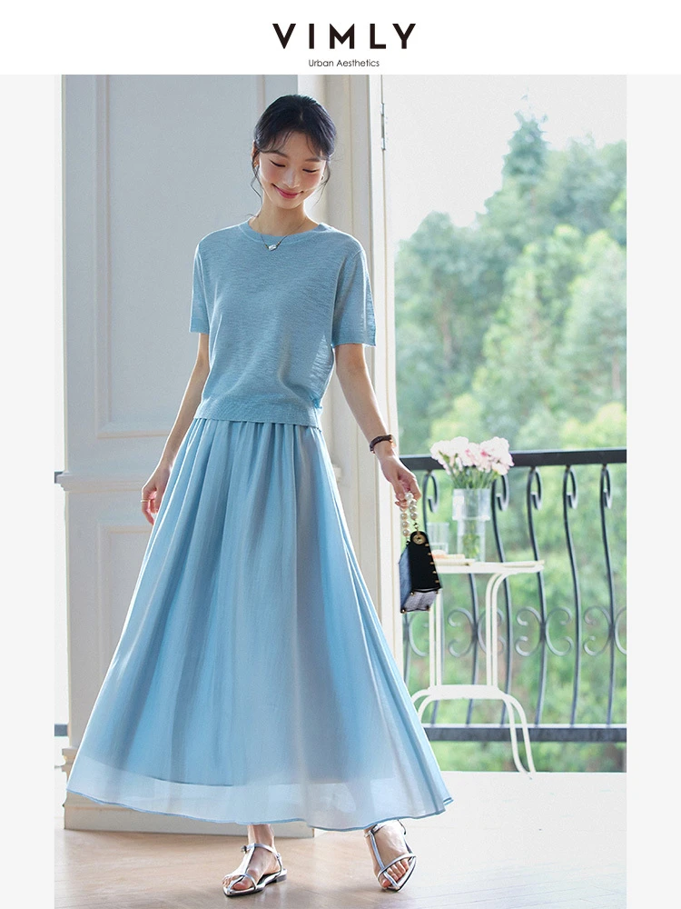 

VIMLY Elegant Fashion Skirt Set Women's Summer Suits 2025 Simple Short Sleeve Knitted Top A Line Flared Skirt Ladies Sets A1691