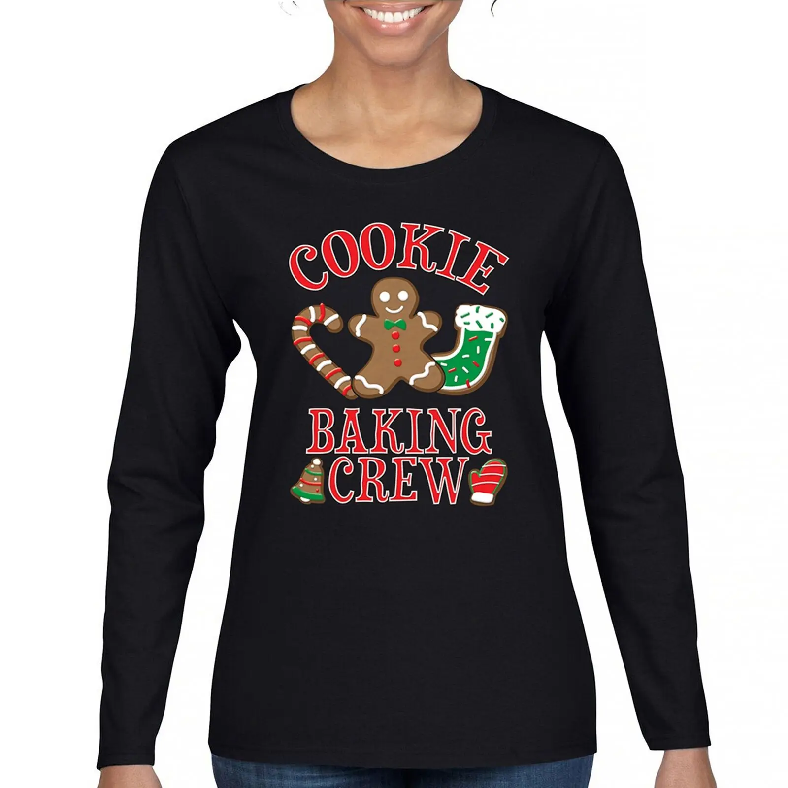 

Cookie Baking Crew Women's Long Sleeve T-shirt Christmas Jolly Gingerbread Man