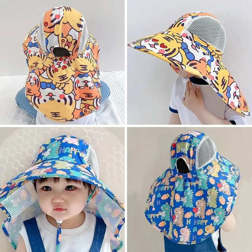 

Outdoor With Whistle Kids Bucket Hat With Neck Flap Strap Wide Brim Panama Hat UV Protection Cartoon Beach Cap Toddler