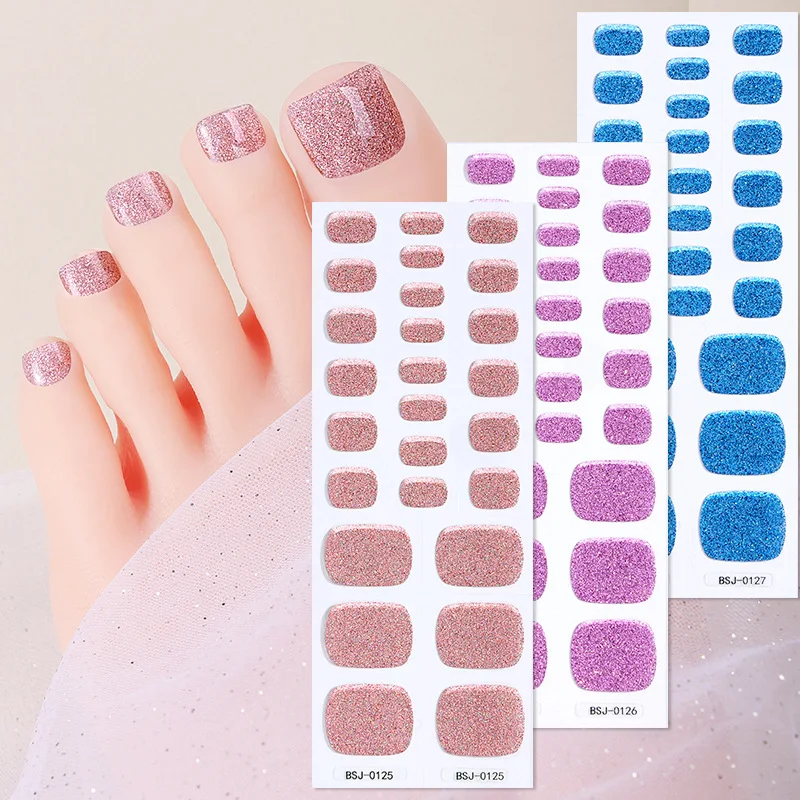 26팁 플래시 파우더 프렌치 화이트 세미 큐어드 UV 젤 네일 스티커 누드 컬러 발톱 착용 가능한 짧은 플랫 쉐입 발가락 스티커