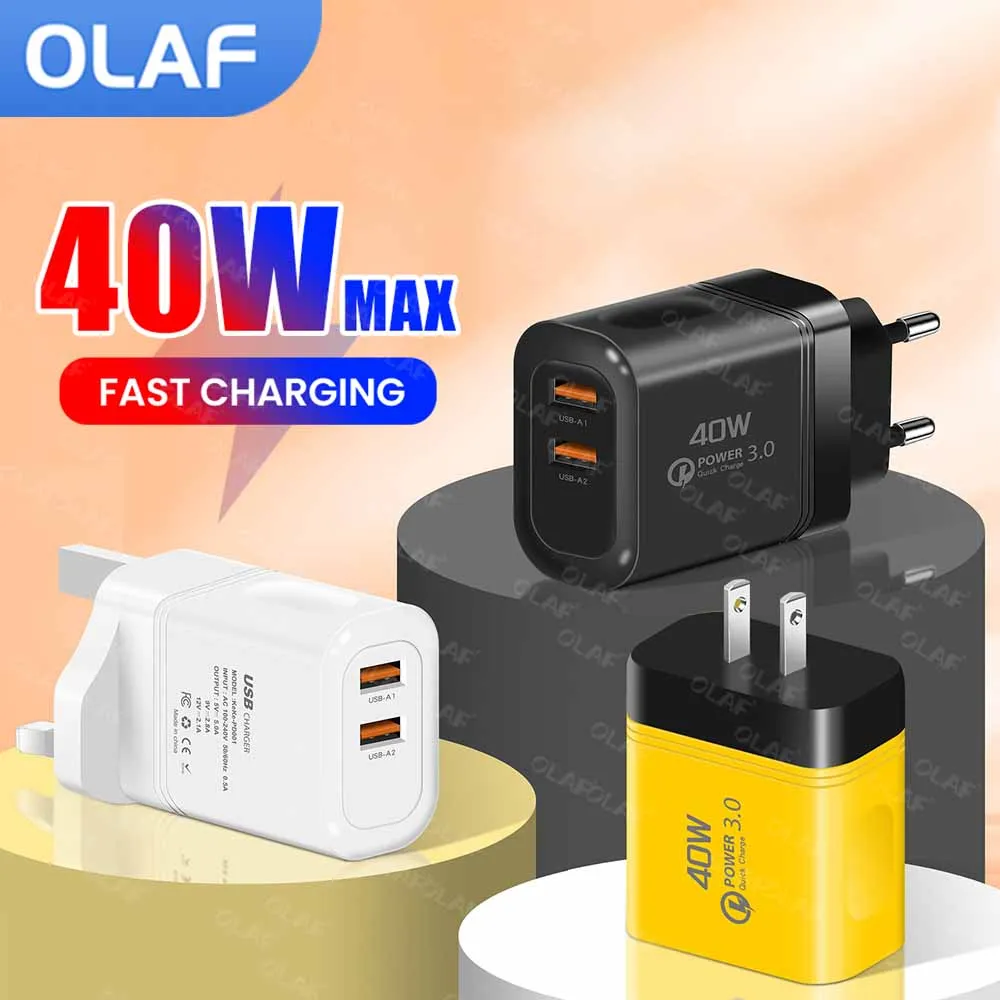 40W Dual Ports USB Fast Charging Charger Quick Charge 3.0 USB Charger EU US UK Plug Wall Adapter For iPhone Samsung Xiaomi Poco