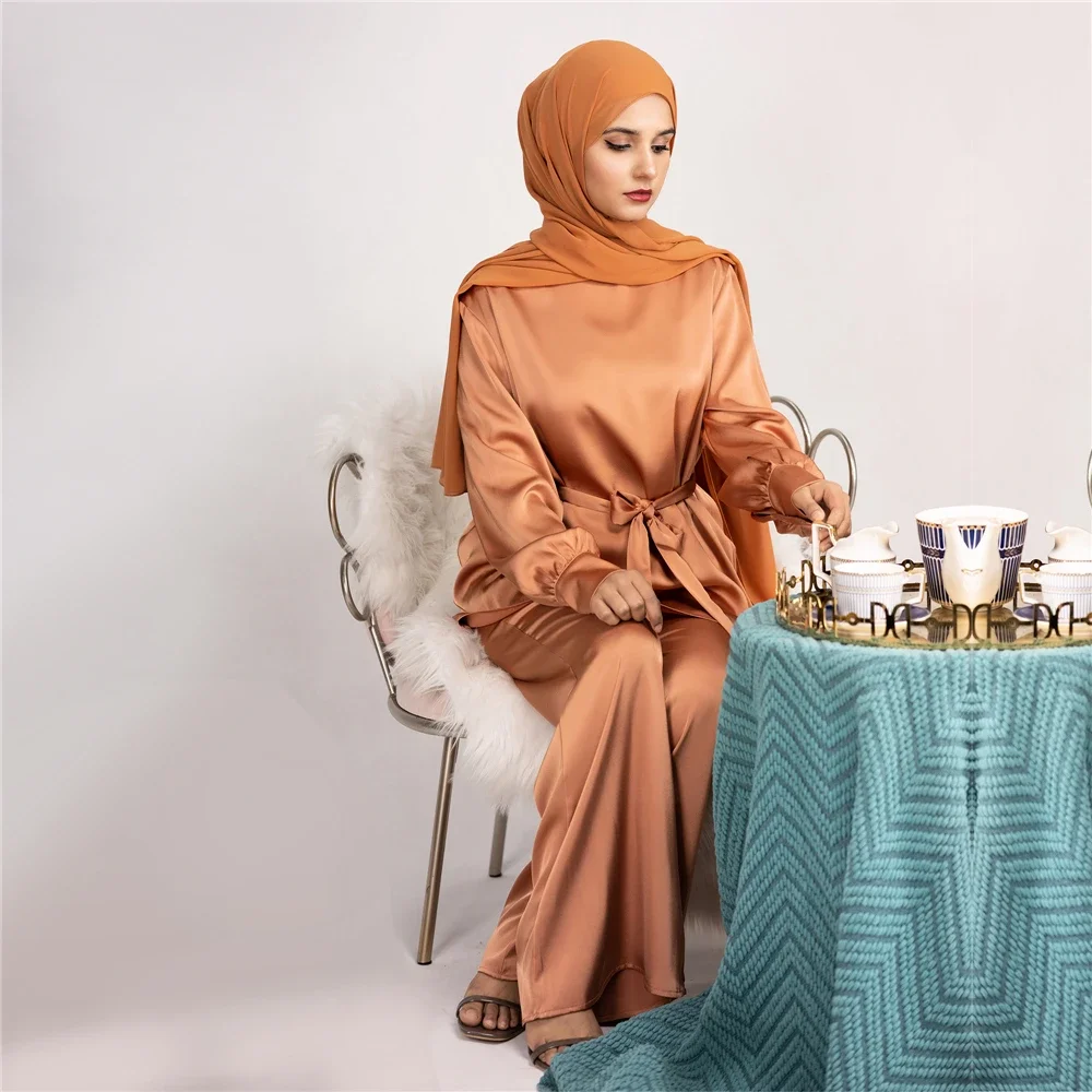 2 ชิ้นชุด Abayas ผู้หญิงธรรมดาซาตินเสื้อผ้าอิสลาม Belted เสื้อ + ชุดกางเกงยาว Ramadan Eid มุสลิมชุดดูไบตุรกีชุด