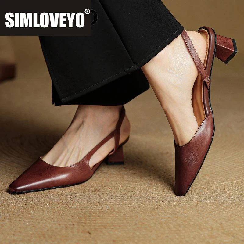 

SIMLOVEYO 2025 пикантные женские сандалии из натуральной кожи с квадратным носком, необычные каблуки 5 см, без шнуровки сзади, модная женская обувь для свиданий