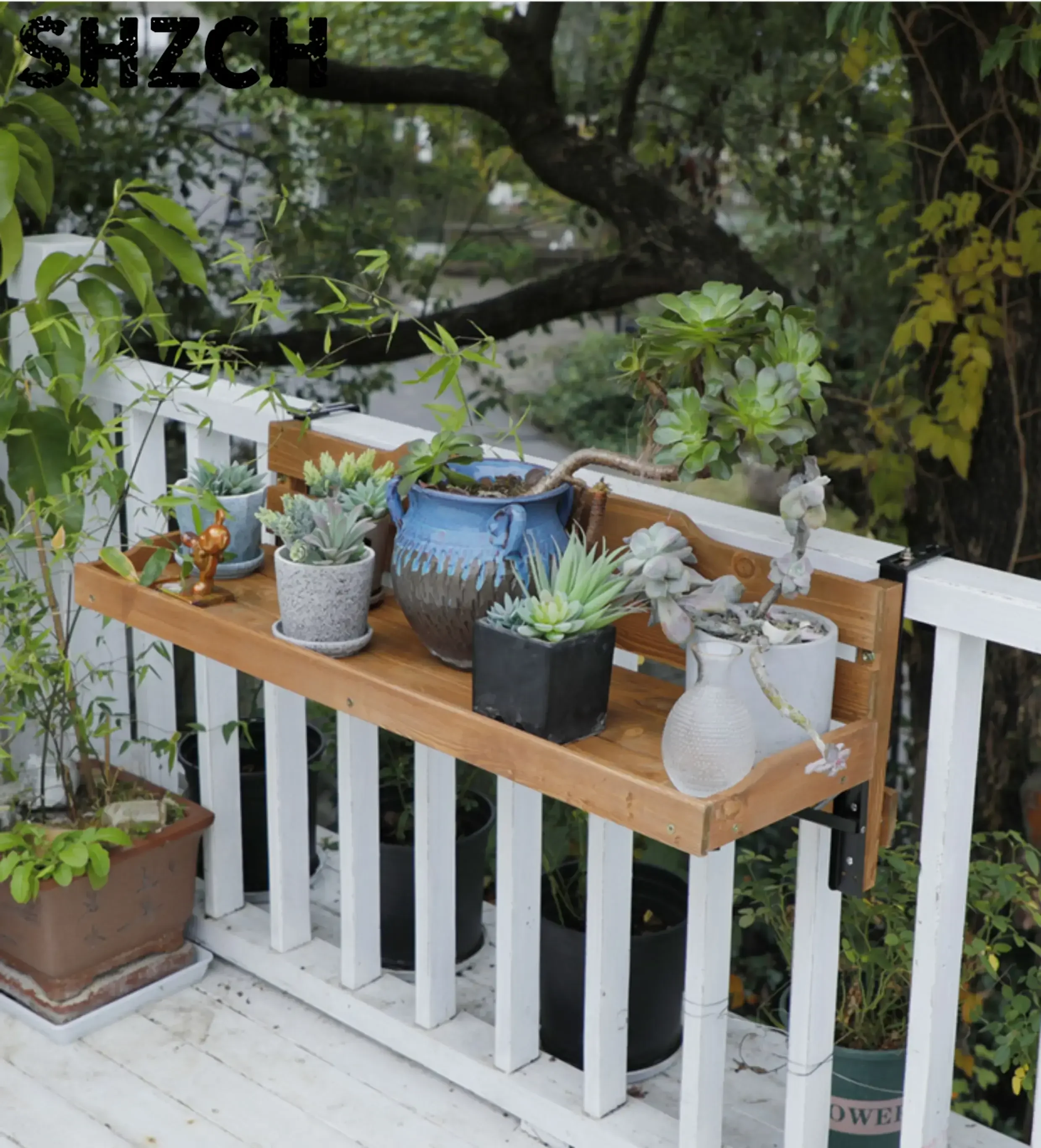 Wooden Hanging Plant Shelf for Balcony-Space-Saving Vertical Planter with Hooks Multi-Tier Display Stand for Succulents& Flowers