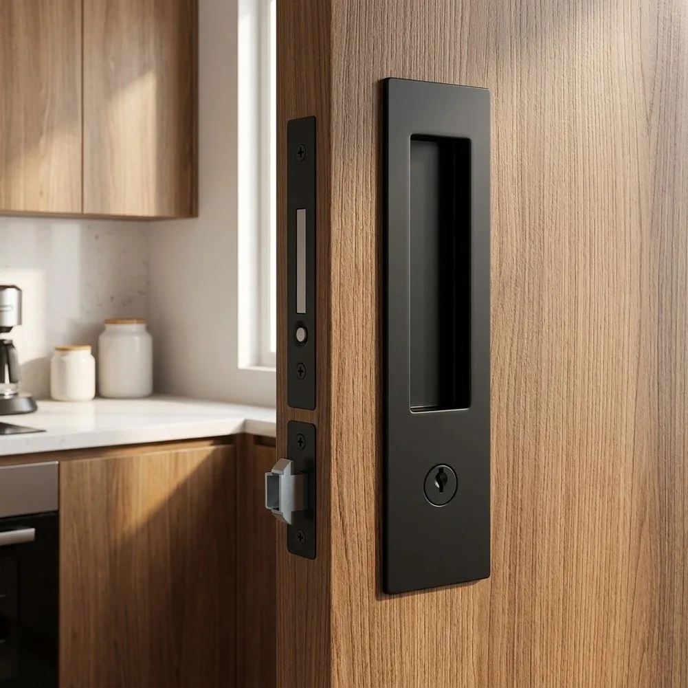 Sliding Pocket Door Lock Kit Matte Black Featuring Flush Mount Pull Plates Edge Pull Component and Hook Latch for DIY Projects
