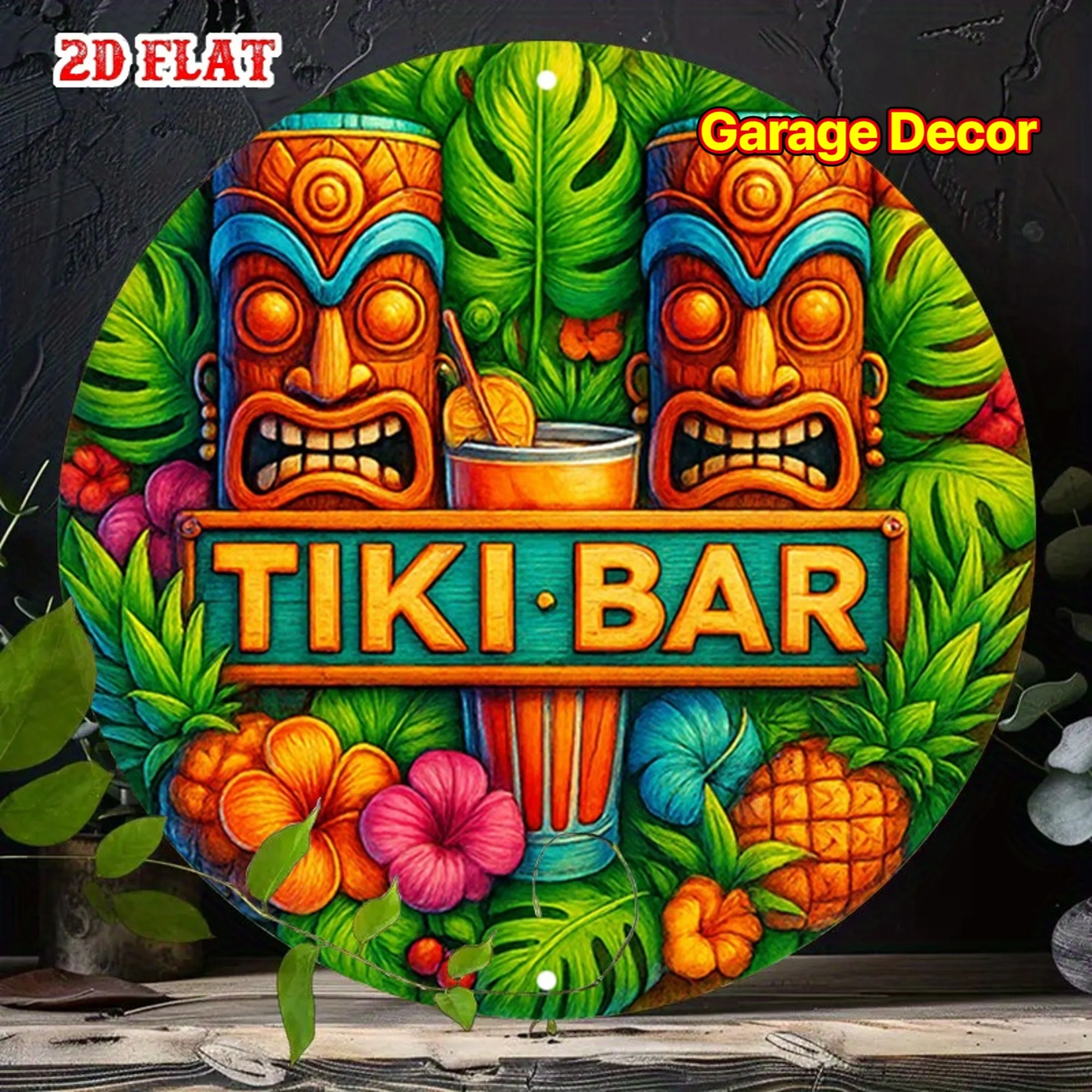 2D Wooden Round Plate Tropical Hawaiian Tiki Mask Vintage Polynesian Party Decoration Lightweight Easy Hang Home Bar Cafe Decor