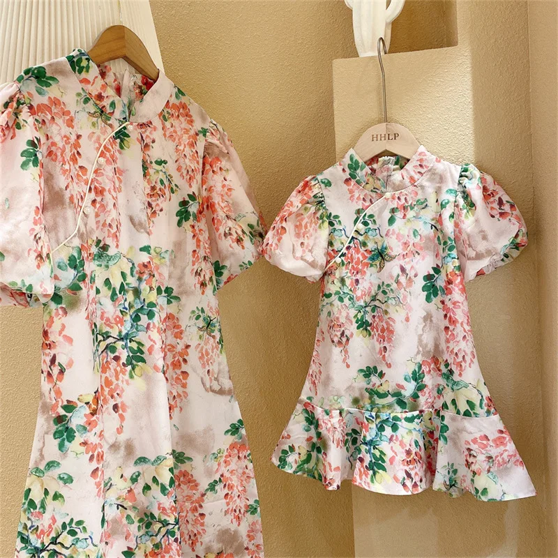 Smoky Rainy Jiangnan Family Outfits Family Matching Outfits Chiffon Puff Sleeve Mandarin Button Qipao Qipao Dress Trend