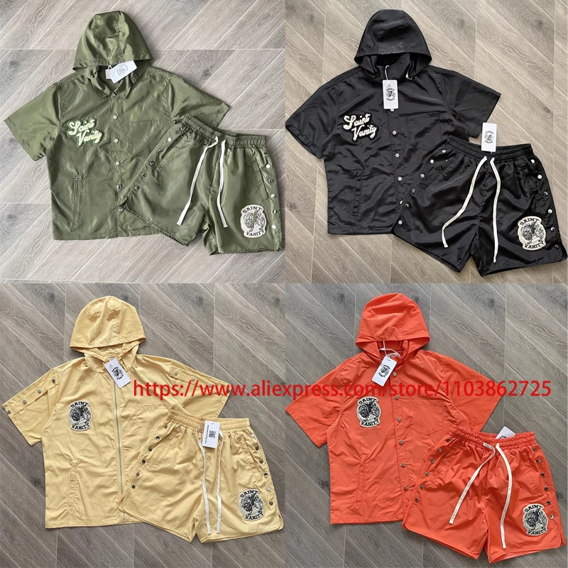 

SAINT VANITY Short-sleeves Summer High Quality Single-breasted Windbreaker Patchwork Logo Saint Vanity Hooded Tops
