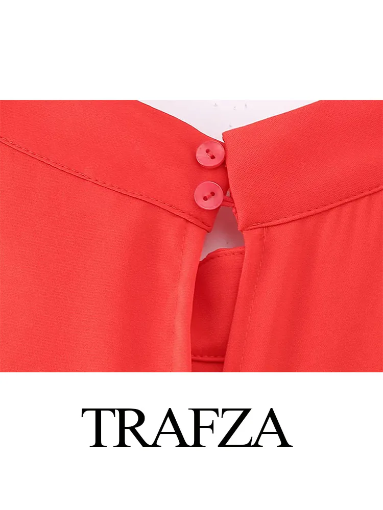 TRAFZA-Macacão de Perna Larga Feminina, Chique, Vermelho, Cintura Alta, Elegante, Gola Suspensa, Sem Mangas, Fino, Fato de Férias, Moda Feminina,