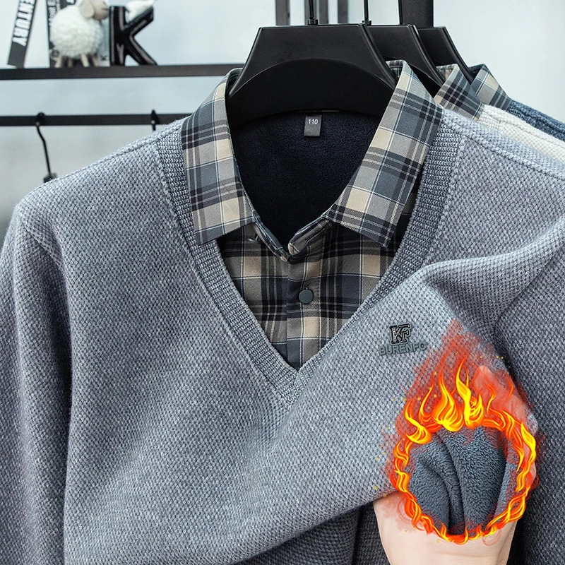

Fake Two Sweaters Men's 2025 Winter New Style Plush Thick Casual Shirt Collar Knitted Warm Top