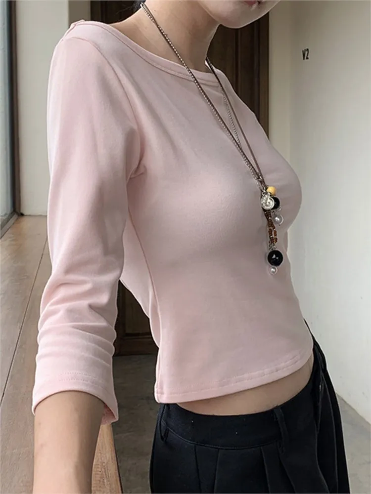 بسيطة ثلاثة أرباع كم تي شيرت امرأة الخريف الصلبة الأساسية مائل الرقبة القطن سليم المحاصيل الأعلى الإناث عادية كل مباراة تي شيرت