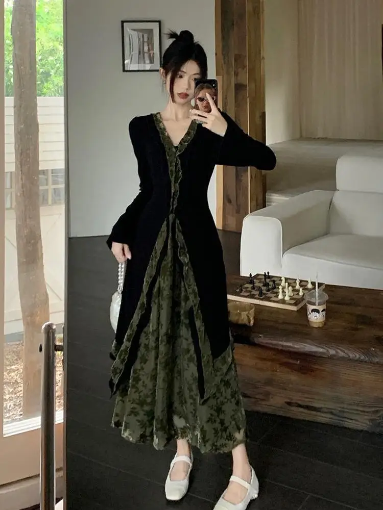 Nieuwe Chinese stijl v-hals vest met lange mouwen dames herfst elastische taille rok tweedelige set