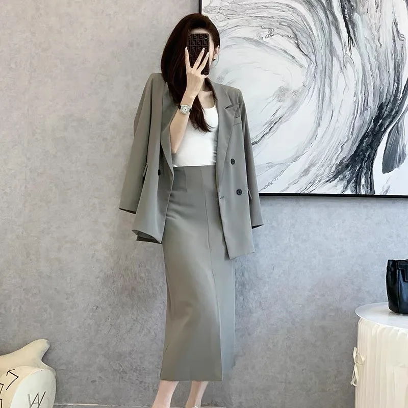 Spring and Autumn Solid Color Skirt Suit Female Long-sleeved Double-breasted Blazer & High Waist Open Pencil Skirt Female Suit