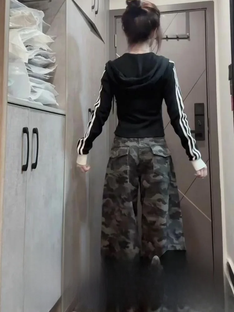 

Retro Waed Camouflage Wide Leg Jeans Loose Fit Long Workwear Trousers for Women Spring New Sle Low Waist Denim Pants