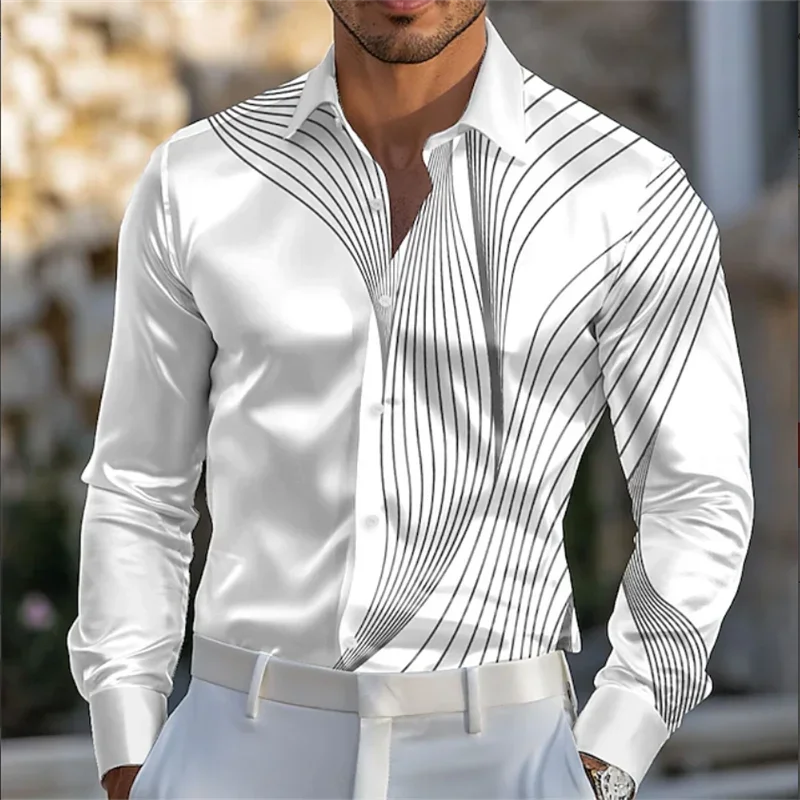 New Men's Simple Retro Curve Long Sleeve Shirt High Quality Casual Fashion 3D Rose Pattern Printed Shirt Fashion White Shirt