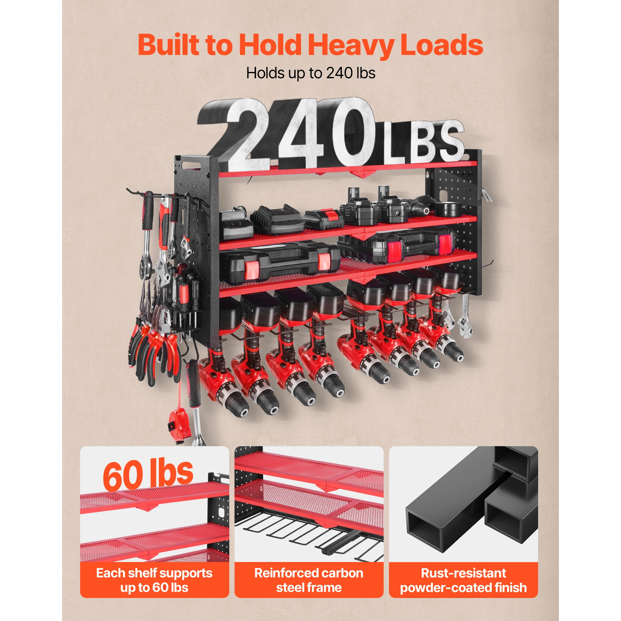 SucceBuy 4-Layer Hand Power Tool Organizer Rack Wall Mounted Pegboards Electric Drill Storage Holder for Garage Workshop - view 5
