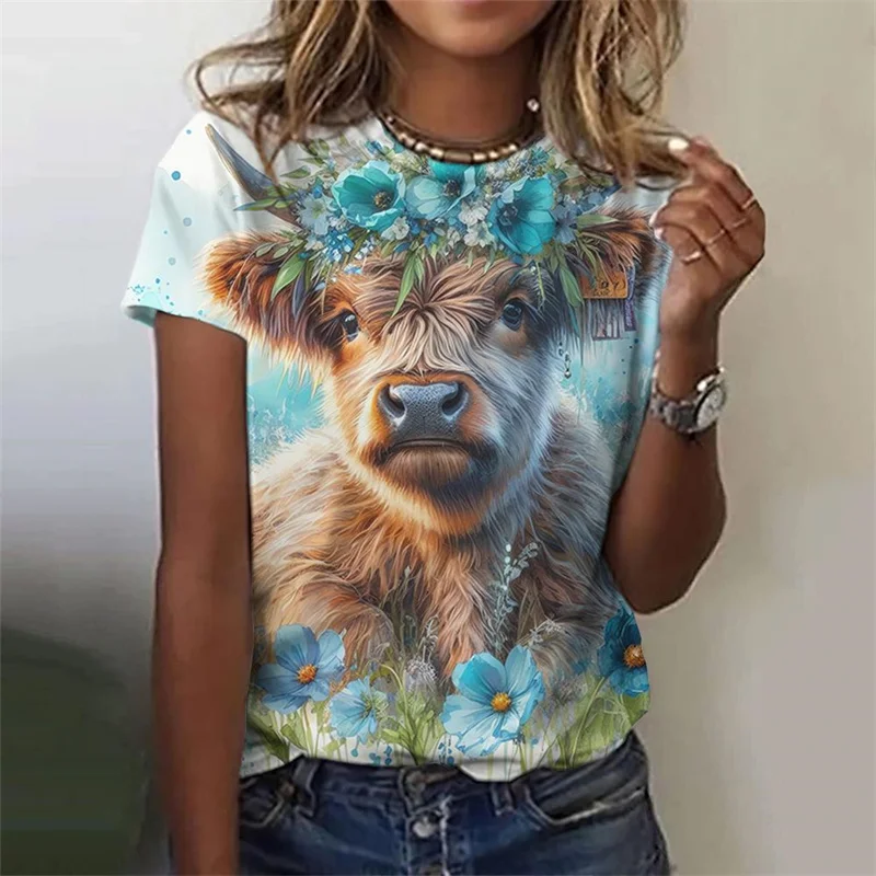 Cute Cow Donkey Pattern T-Shirt For Women Flower Animals 3D Printed T Shirts Summer Fashion Street Tees O-Neck Tops Short Sleeve