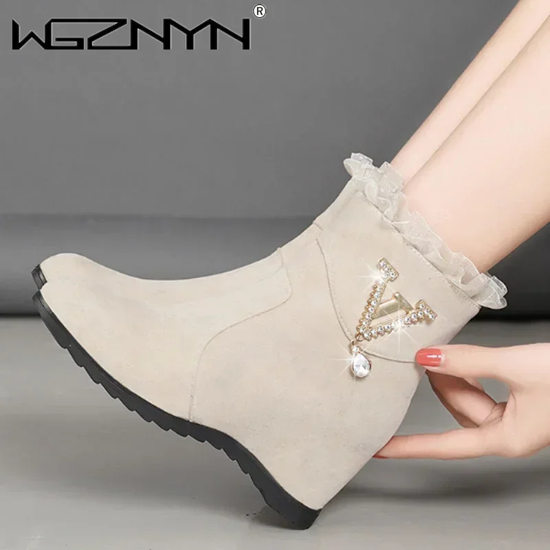 NEW Autumn and Winter New Frosted Women Boots Mid-heel Rhinestone Women riding Boots Fur Rubber Mixed Colors Ladies Wedges Boot