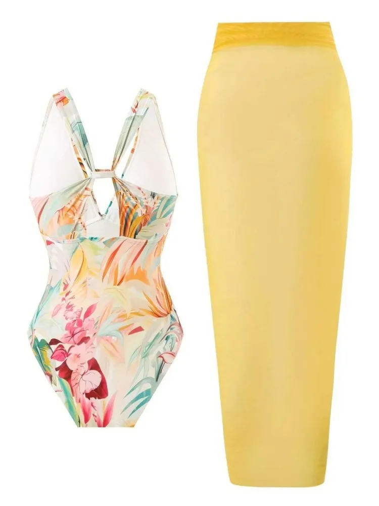 Retro Bikini Printed Fashion Two Piece Swimsuit And Cover Up With Skirt Tight Women's Bandage Summer Beach Luxury Elegant
