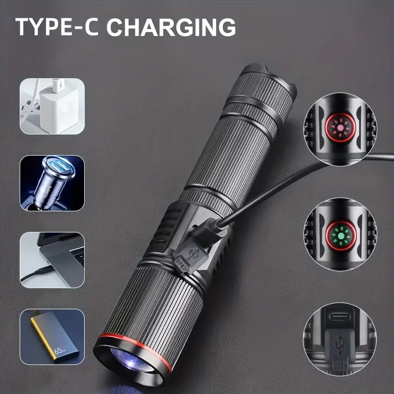 Rechargeable LED Flashlight 6 Lighting Modes Waterproof Torch Aluminum Alloy Tactical Super Bright Flashlight for Camping Hiking